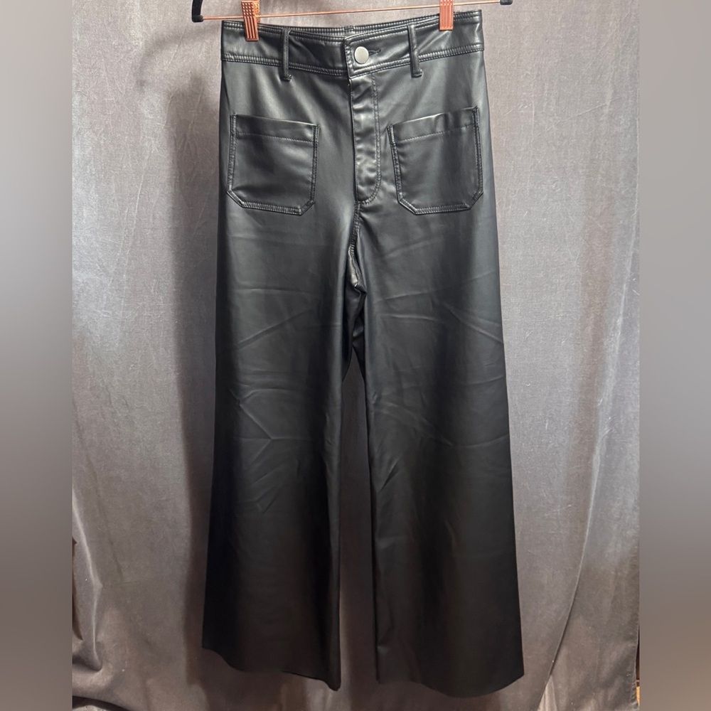Zara Faux Leather wide leg high rise Black Trousers Pants size 6 Y2K edgy chic